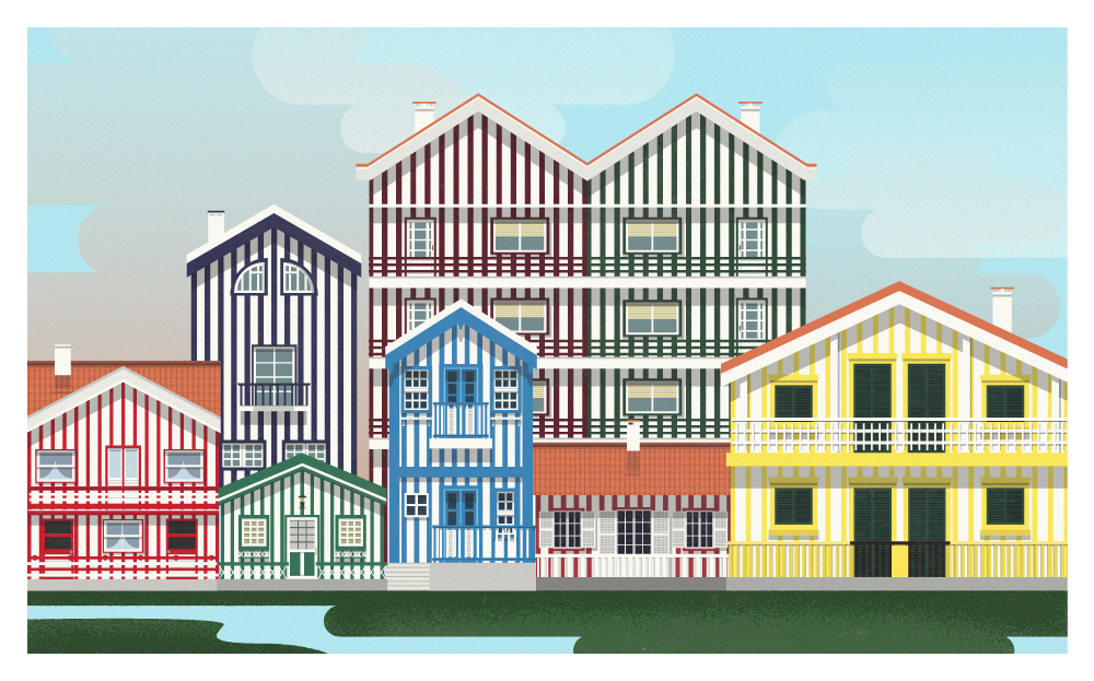 Illustration about Costa Nova, in Portugal, featuring different colourful houses