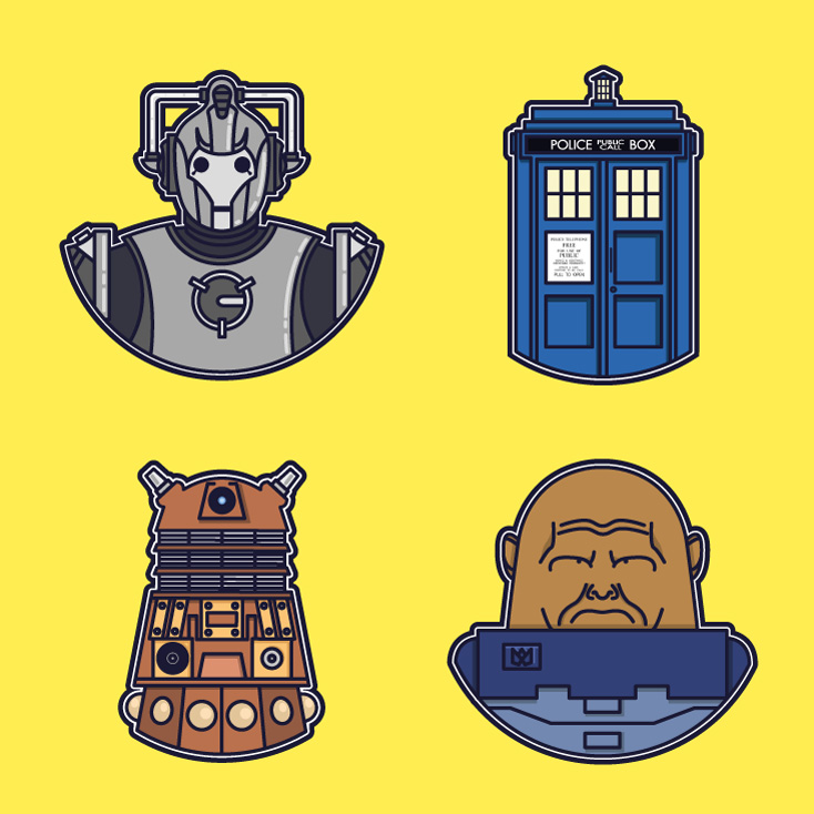 Doctor Who doodles, showing cybermen, the Tardis, a dalek and a Sontaran