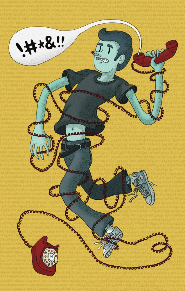 Illustration with a cartoon character tangled with an old telephone cable around his whole body