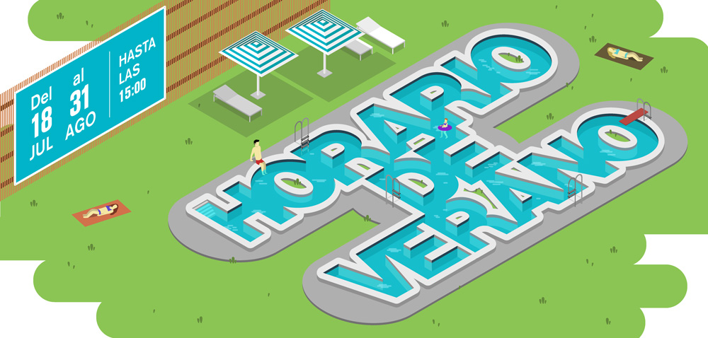 Banner about working hours during Summer, showing a pool made with the words Horario de verano and characters swimming in it