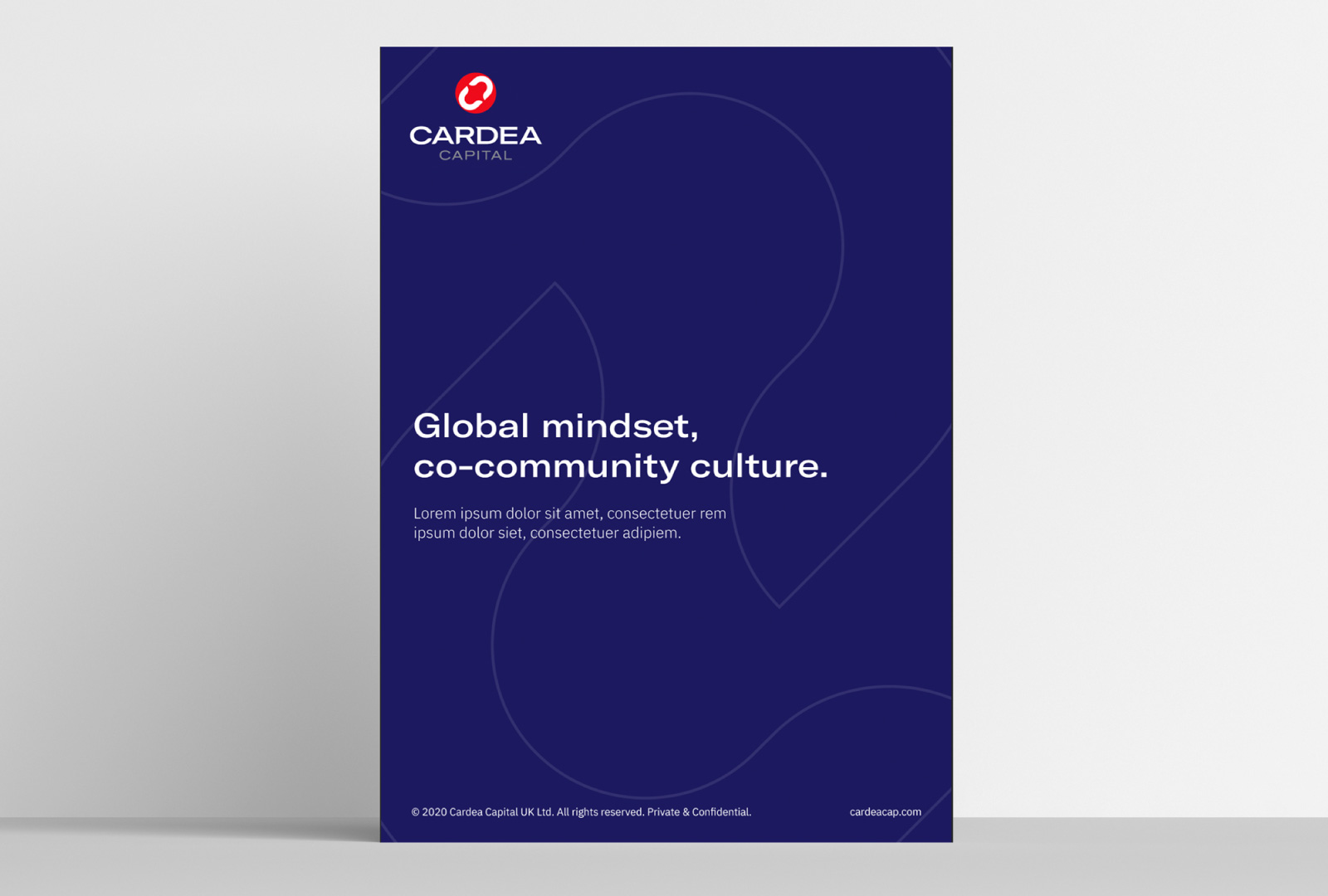 Poster with dark blue background featuring client's logo and the text Global mindset, co-community culture.
