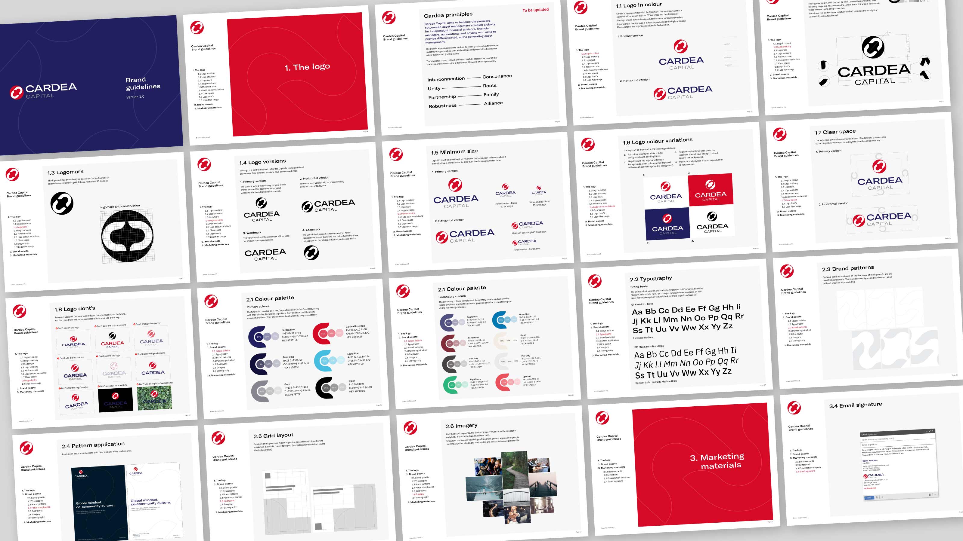 Example of different slides from the brand guidelines designed.