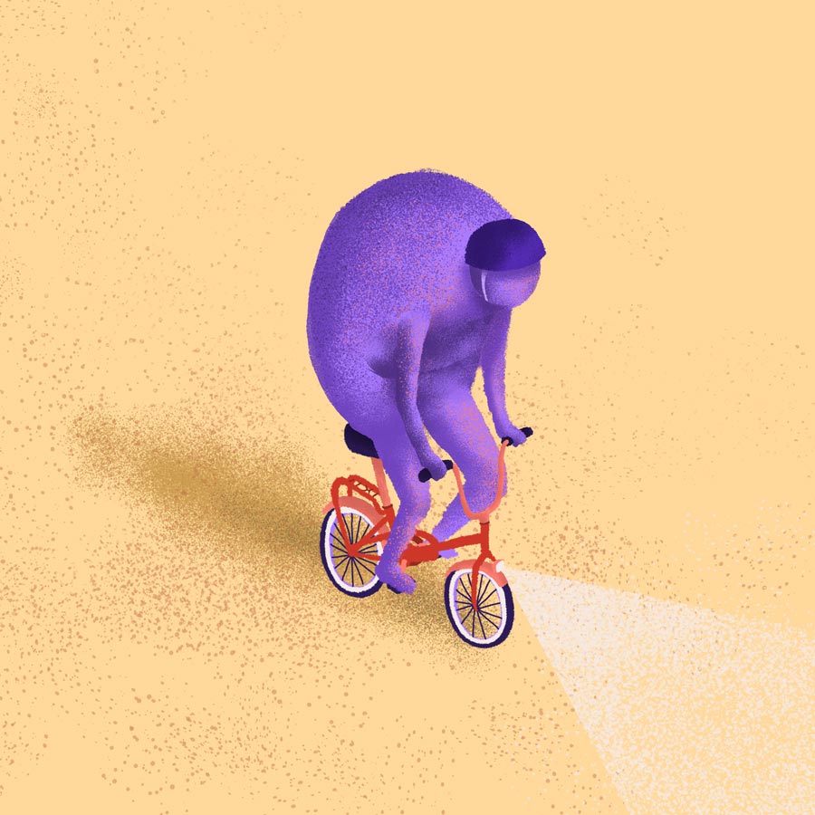 Illustration showing a purple doodle riding a red bike.